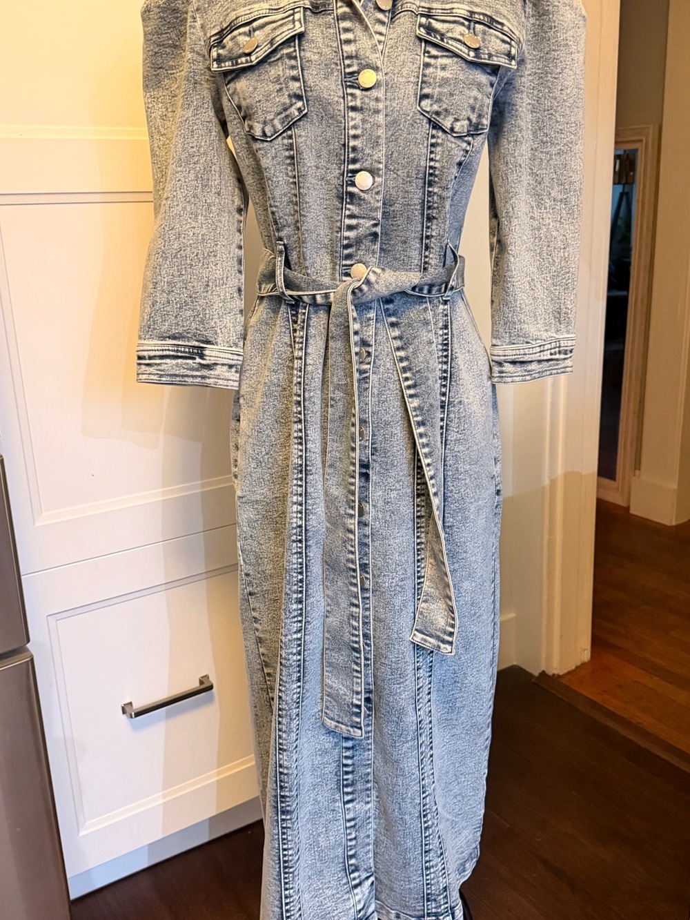 VENUS Light Blue Acid Wash Denim Maxi Dress with Tie Belt